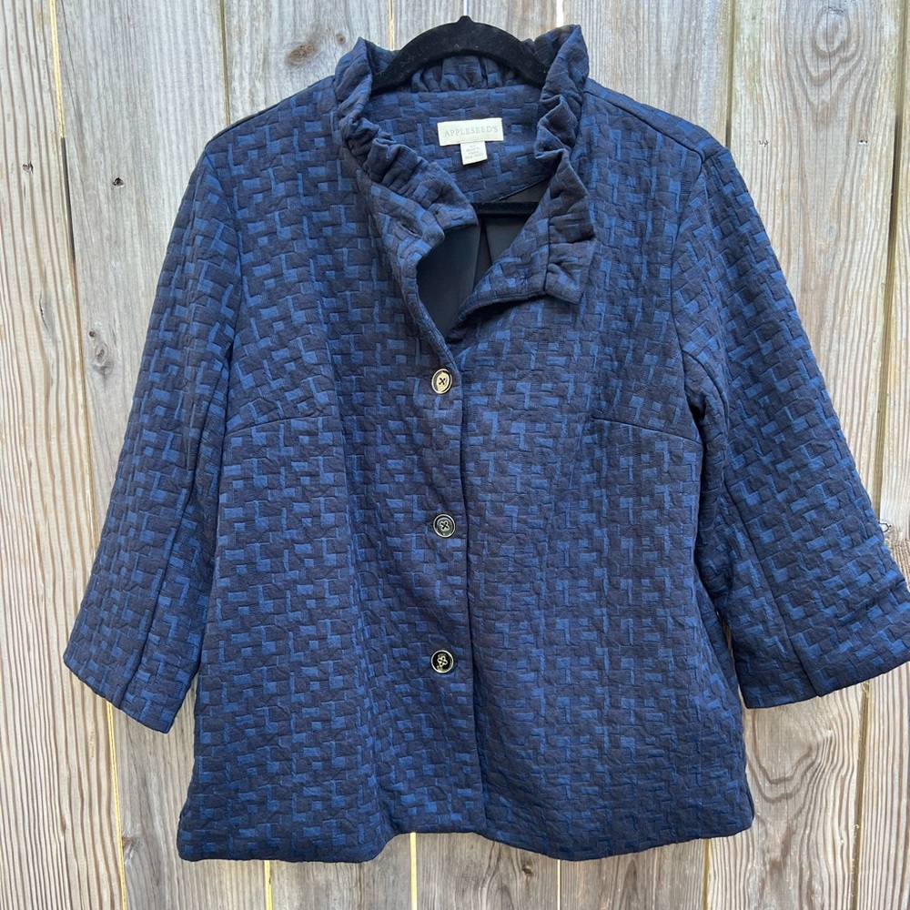 Appleseed’s dark blue and black geo pattern Ruffle Jacket Women’s Medium